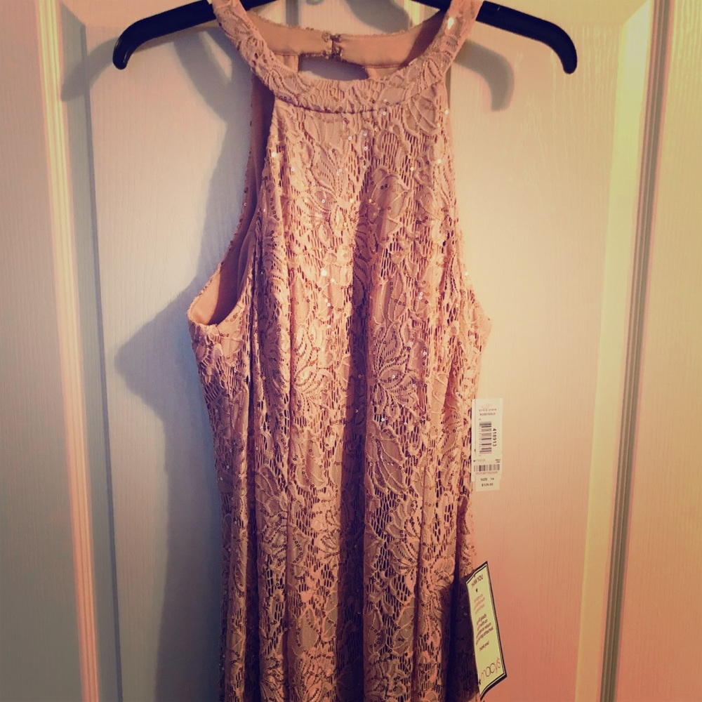 NightWay. Long rose gold, lace, sequin dress. NWT.